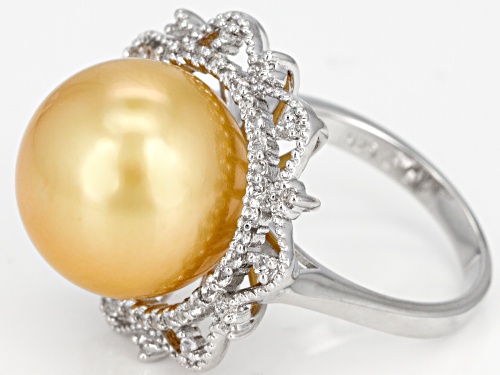 14mm Golden Cultured South Sea Pearl & White Topaz Rhodium Over Sterling Silver Ring - Size 10