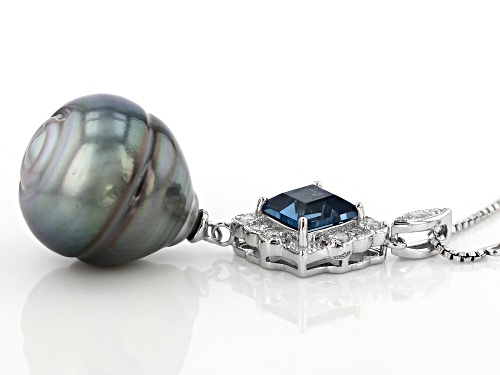 14mm Cultured Tahitian Pearl & Blue and White Topaz Rhodium Over Silver Pendant With Chain
