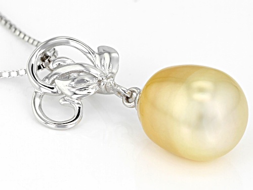 10mm Golden South Sea Pearl & White Topaz Rhodium Over Sterling Silver Pendant With Chain