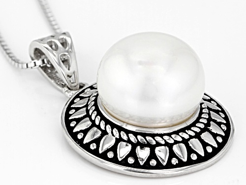 11mm White Cultured Freshwater Pearl, Rhodium Over Sterling Silver Pendant With Chain