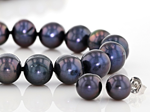 9-11mm Black Cultured Freshwater Pearl, Rhodium Over Silver 20 Inch Necklace & Stud Earrings Set
