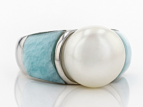 12mm White Cultured Freshwater Pearl & Larimar Rhodium Over Sterling Silver Ring - Size 5