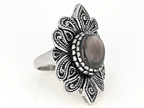 10-12mm Grey Mother of Pearl, Rhodium Over Sterling Silver Ring - Size 7