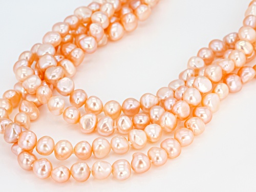 7-7.5mm Peach Cultured Freshwater Pearl Rhodium Over Sterling Silver 18 Inch Multi-Strand Necklace - Size 18