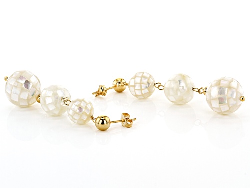 10-14mm White Mother-Of-Pearl, 18k Yellow Gold Over Sterling Silver ball Earrings