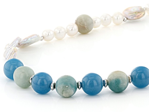 8-17mm Cultured Freshwater Pearl, Amazonite, Agate with Rhodium Over Silver 34 Inch Necklace - Size 34