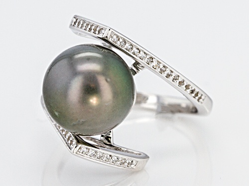 11mm Cultured Tahitian Pearl & White Topaz Rhodium Over Sterling Silver Ring - Size 11