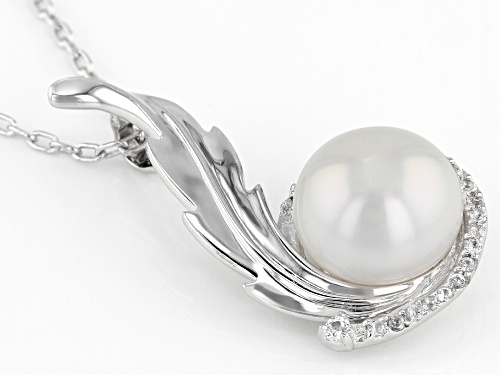 11-12mm White Cultured Freshwater Pearl & White Topaz Rhodium Over Silver Pendant With Chain