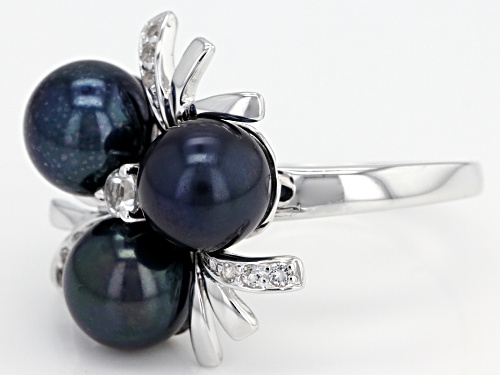8mm Black Cultured Freshwater Pearl & White Topaz Rhodium Over Sterling Silver Ring - Size 4