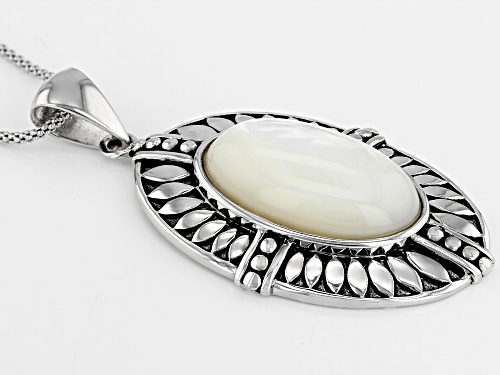 15X25mm White Mother-Of-Pearl Rhodium Over Sterling Silver Pendant with 18 Inch Popcorn Chain