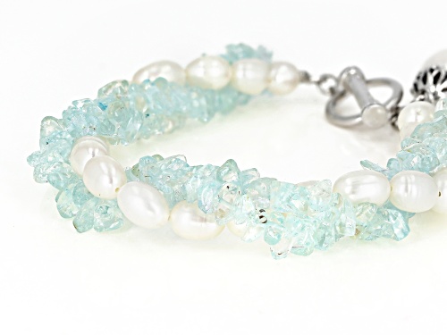 5.5-11mm Cultured Freshwater Pearl & Aquamarine Rhodium Over Silver 7.5 Inch Bracelet - Size 7.5