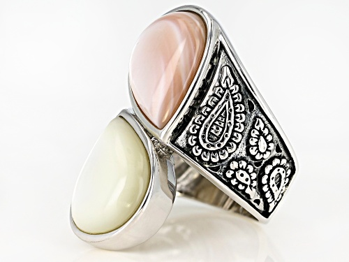 11x15mm White and Pink Mother-of-Pearl Rhodium Over Sterling Silver Bypass Ring - Size 8