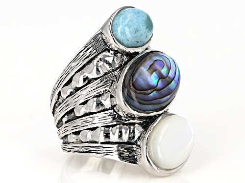 Abalone Shell, Larimar and White Mother-Of-Pearl, Rhodium Over Sterling Silver Ring - Size 5