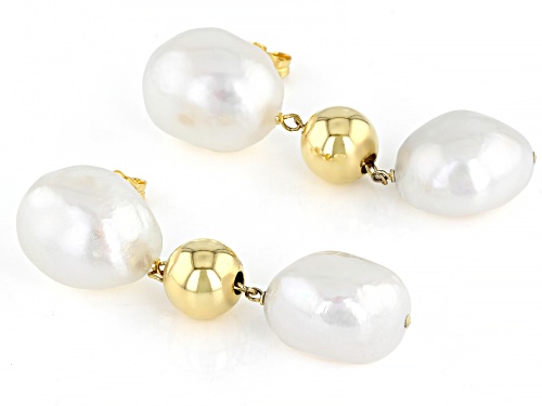 12-12.5mm White Cultured Baroque Freshwater Pearls 18k Yellow Gold Over Silver Drop Earrings