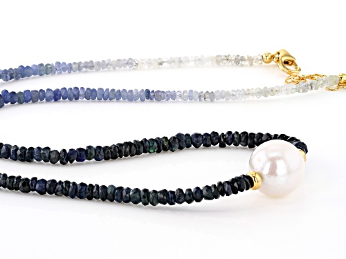 12-12.5mm White Cultured Freshwater Pearl and Blue Ombre Sapphire 18 inch Necklace - Size 18