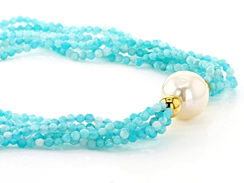 12-12.5mm White Freshwater Pearl and Blue Amazonite Multi-Strand Twisted 18 inch Necklace - Size 18
