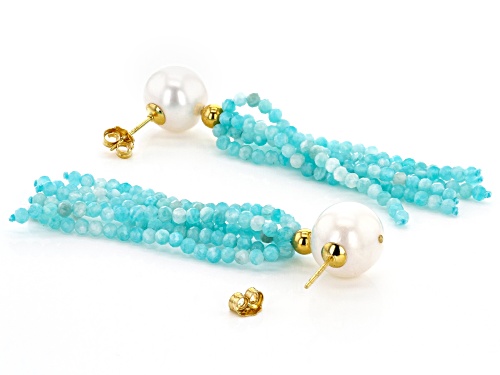 10.5-11m White Freshwater Pearl &  Blue Amazonite 18k Yellow Gold Over Silver Tassel Earrings