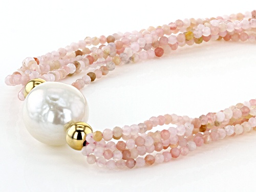12-12.5mm White Freshwater Pearl and Pink Opal Multi-Strand Twisted 18 inch Necklace - Size 18