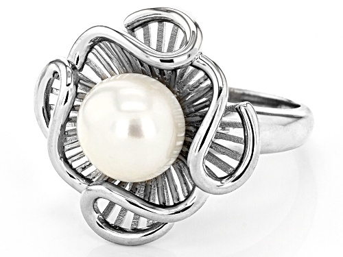 10-11mm White Cultured Freshwater Pearl Rhodium Over Sterling Silver Floral Ring - Size 7