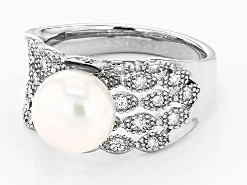 9-10mm White Cultured Freshwater Pearl 0.6ctw Bella Luce® Rhodium Over Sterling Silver Ring - Size 9