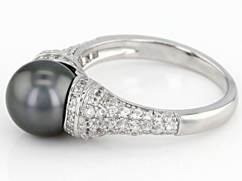 8.5-9.0mm Cultured Tahitian Pearl & 1.01ctw White  Zircon Rhodium Over Sterling Silver Ring - Size 11