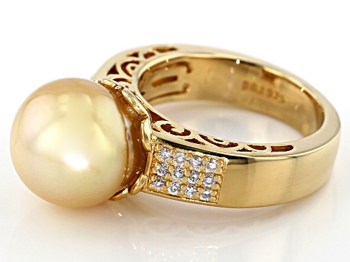 11-11.5mm Golden Cultured South Sea Pearl & Moissanite Fire® 18k Yellow Gold Over Silver Ring - Size 12