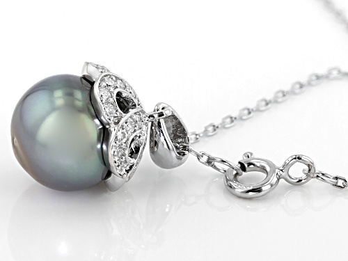 10mm Cultured Tahitian Pearl & Moissanite Fire® 0.30ctw Dew Rhodium Over Silver Pendant With Chain