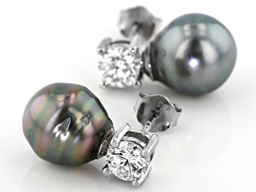 8mm Cultured Tahitian Pearl & Moissanite Fire® .66ctw Dew Rhodium Over Sterling Silver Earrings