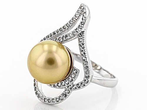 10mm Cultured Golden South Sea Pearl And .57ctw White Topaz Rhodium Over Sterling Silver Ring - Size 12