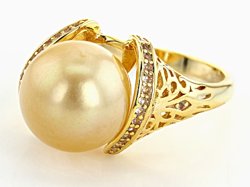 11mm Cultured Golden South Sea Pearl 0.15ctw White Topaz 18k Yellow Gold Over Sterling Silver Ring - Size 11