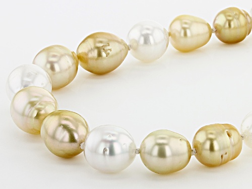 9-12mm Golden & White Cultured South Sea Pearl 18k Yellow Gold Over Sterling Silver 18 inch Necklace - Size 18
