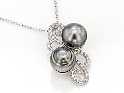 8-8.5mm Silver Cultured Tahitian Pearl 0.65ctw White Zircon Rhodium over Sterling Silver Pendant