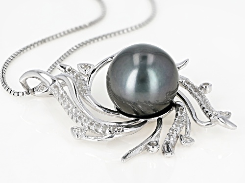 10-11mm Cultured Tahitian Pearl With 0.32ctw White Topaz Rhodium over Silver Pendant with Chain