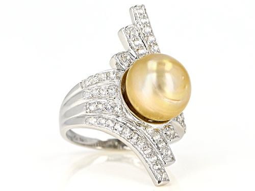 11mm Cultured Golden South Sea With 0.83ctw White Topaz Rhodium Over Sterling Silver Ring - Size 4