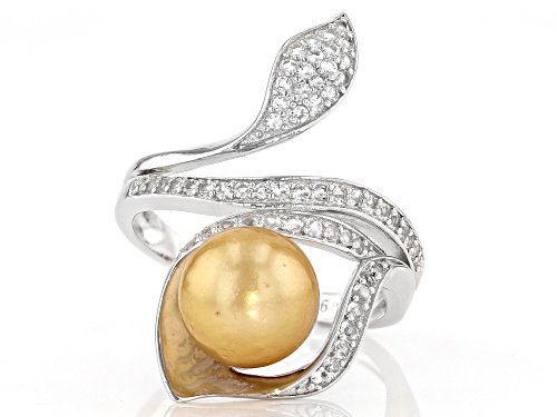 8-9mm Golden Cultured South Sea Pearl with 0.37ctw White Topaz Rhodium over Silver Floral Ring - Size 11
