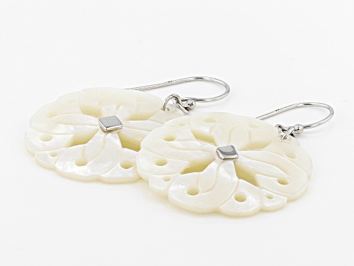 28mm White Mother of Pearl Rhodium over Sterling Silver Floral Earrings
