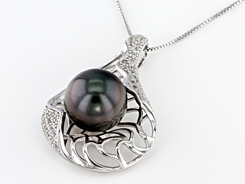 13-14mm Cultured Tahitian Pearl 0.64ctw White Topaz Rhodium Over Silver Pendant with 18 inch Chain