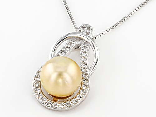 10mm Cultured Golden South Sea Pearl 0.4ctw White Topaz Rhodium Over Sterling Silver Pendant