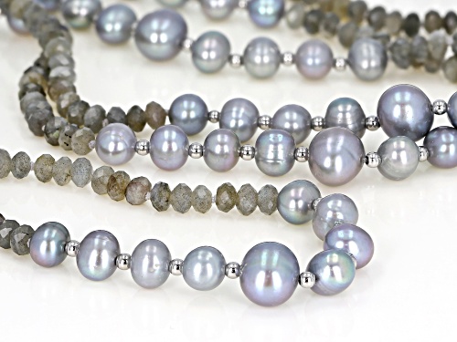 7.5-11mm Silver Cultured Freshwater Pearl Labradorite Rhodium Over Silver 50 inch Necklace - Size 50