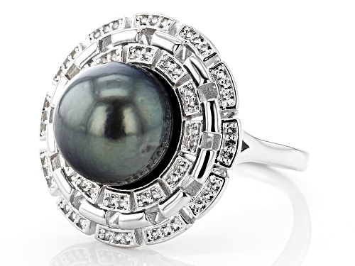 11mm Cultured Tahitian Pearl & 0.43ctw White Topaz Rhodium Over Sterling Silver Ring - Size 11