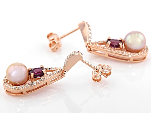 6.5mm Cultured Freshwater Pearl With Rhodolite & Zircon 18k Rose Gold Over Sterling Silver Earrings