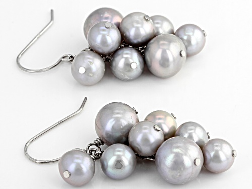 6-8mm Silver Cultured Freshwater Pearl Rhodium Over Sterling Silver Dangle Cluster Earrings