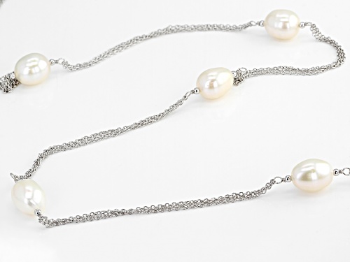 9-10mm White Cultured Freshwater Pearl Rhodium Over Sterling Silver 36 Inch Station Necklace - Size 36
