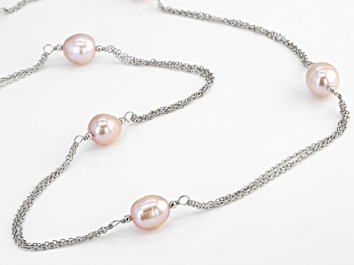 9-10mm Pink Cultured Freshwater Pearl Rhodium Over Sterling Silver 36 Inch Station Necklace - Size 36