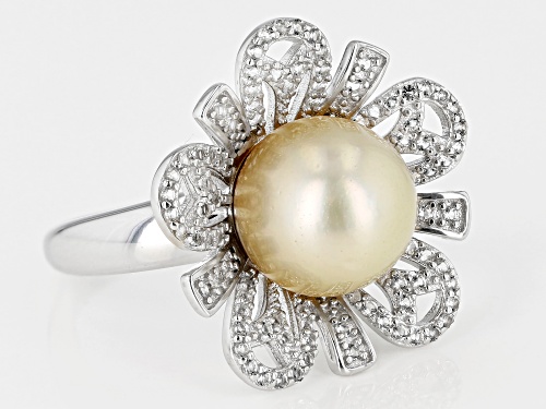 10mm Golden Cultured South Sea Pearl And 0.85ctw White Topaz Rhodium Over Sterling Silver Ring - Size 7