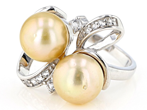 10mm Golden Cultured South Sea Pearl And 0.3ctw White Topaz Rhodium Over Sterling Silver Ring - Size 8