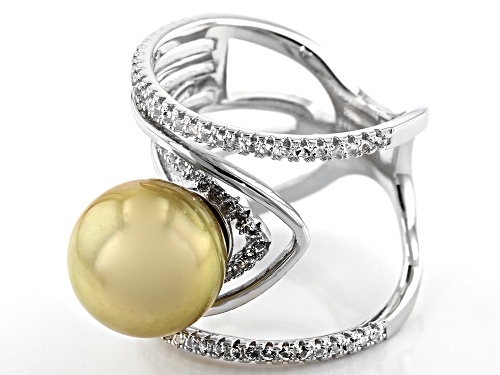 10-11mm Golden Cultured South Sea Pearl And 0.5ctw White Topaz Rhodium Over Sterling Silver Ring - Size 7