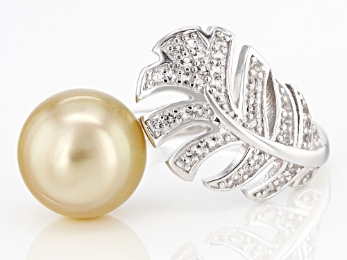 10mm Golden Cultured South Sea Pearl And 0.26ctw White Topaz Rhodium Over Sterling Silver Ring - Size 9