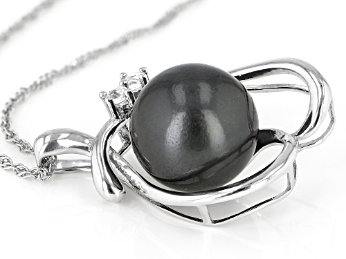 13-14mm Cultured Tahitian Pearl And White Topaz Rhodium Over Sterling Silver Pendant With Chain