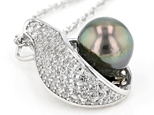 9-10mm Cultured Tahitian Pearl & 0.85ctw White Topaz Rhodium Over Silver Pendant With Chain